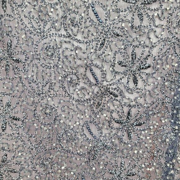 Vintage Adrianna Papell Formal Silk Beaded Short Sleeve Blouse 10P Gray Overlay - Picture 4 of 11